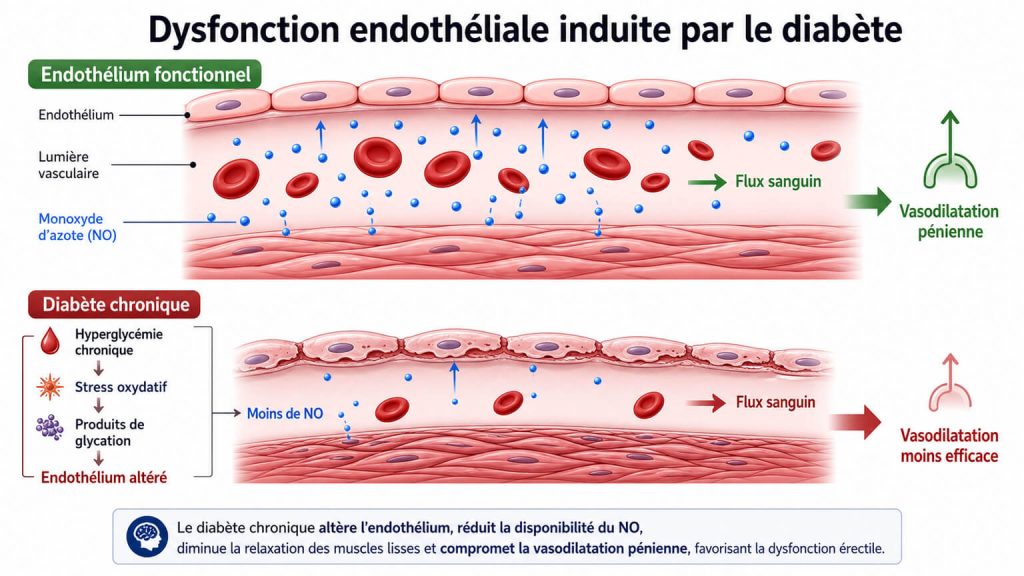 Schéma expliquant la dysfonction endothéliale induite par le diabète et la baisse de disponibilité du monoxyde d’azote