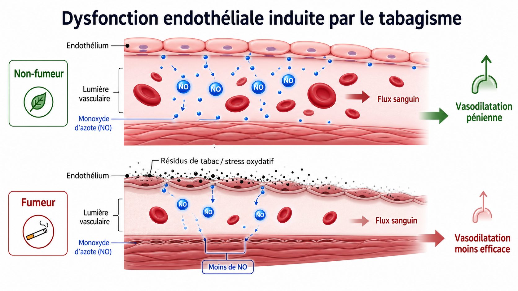 Schéma de la dysfonction endothéliale induite par le tabagisme avec diminution du monoxyde d’azote