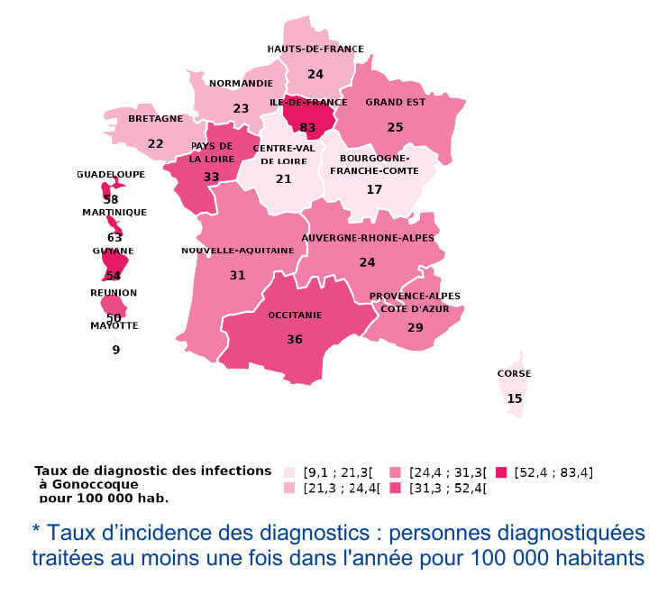 Carte des taux d’incidence des diagnostics de gonococcie par région de domicile en France en 2024.