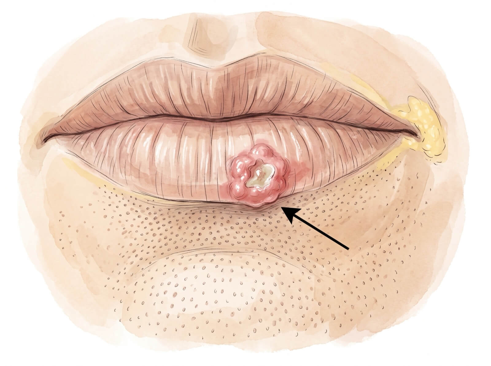Illustration médicale d'une récidive d'herpès labial.