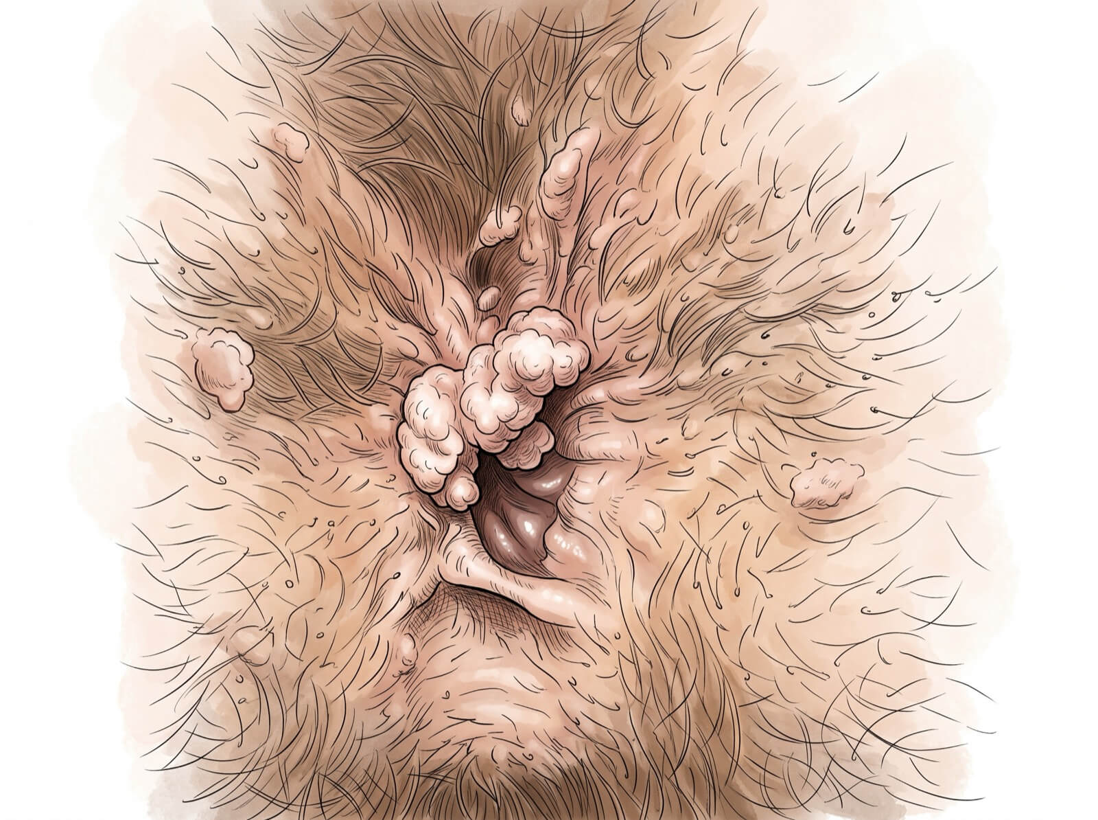 Illustration médicale de condylomes anaux liés au papillomavirus humain.