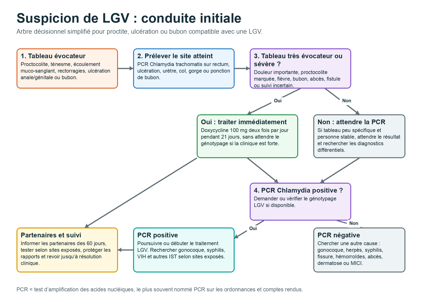 Organigramme décisionnel de prise en charge d’une suspicion de lymphogranulomatose vénérienne