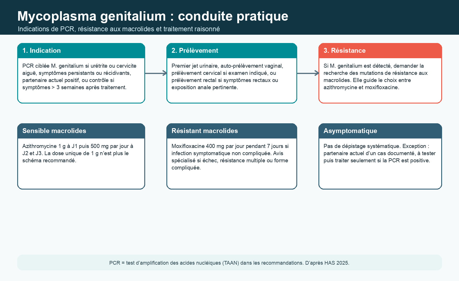 Organigramme décisionnel de prise en charge de l’infection à Mycoplasma genitalium avec PCR comme terme de prescription