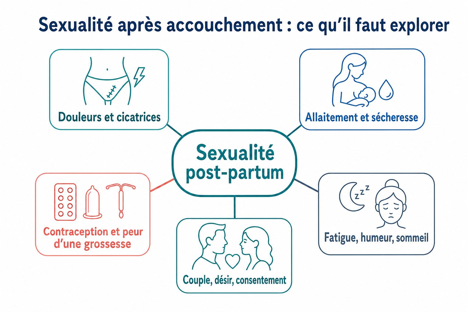 Schéma des facteurs à explorer dans la sexualité après accouchement : douleurs, allaitement, contraception, fatigue, couple et consentement.